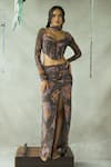 Shop_DOH TAK KEH_Brown Georgette Printed Abstract Jugni Thigh-high Slit Skirt Set  _Online_at_Aza_Fashions