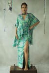 Buy_DOH TAK KEH_Blue Bemberg Fine Silk Printed Abstract V Munni Kaftan And Skirt Set  _at_Aza_Fashions