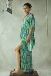 DOH TAK KEH_Blue Bemberg Fine Silk Printed Abstract V Neck Munni Kaftan _Online_at_Aza_Fashions