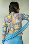 Shop_DOH TAK KEH_Blue Cupro Satin Printed Abstract High Rasiley Hand Embroidered Blouse  _at_Aza_Fashions