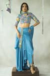 Shop_DOH TAK KEH_Blue Cupro Satin Printed Abstract Rasiley Hand Embroidered Blouse Lehenga Set _Online_at_Aza_Fashions