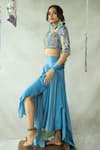 Buy_DOH TAK KEH_Blue Cupro Satin Printed Abstract Rasiley Hand Embroidered Blouse Lehenga Set 