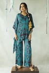 Buy_DOH TAK KEH_Brown Cupro Satin Printed V Neck Bijlee Asymmetric Kaftan Pant Set  _at_Aza_Fashions