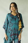 Buy_DOH TAK KEH_Brown Cupro Satin Printed V Neck Bijlee Asymmetric Kaftan Pant Set  _Online_at_Aza_Fashions