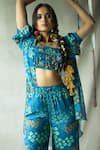 DOH TAK KEH_Blue Georgette Embroidered Tassels Square Bindoo Pleated Hand Blouse _at_Aza_Fashions