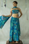 Buy_DOH TAK KEH_Blue Georgette Embroidered Tassels Bindoo Blouse Asymmetric Skirt Set  _at_Aza_Fashions