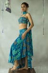 DOH TAK KEH_Blue Georgette Embroidered Tassels Bindoo Blouse Asymmetric Skirt Set  _Online_at_Aza_Fashions