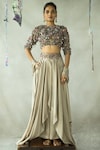 Buy_DOH TAK KEH_Gold Cupro Satin Embroidered Bead Chamma Blouse Skirt Set _at_Aza_Fashions