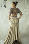 Shop_DOH TAK KEH_Gold Cupro Satin Embroidered Bead Chamma Blouse Skirt Set _at_Aza_Fashions