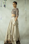 Buy_DOH TAK KEH_Gold Cupro Satin Embroidered Bead Chamma Blouse Skirt Set _Online_at_Aza_Fashions