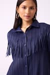 Scarlet Sage_Blue 100% Polyester Textured Spread Dari Fringe Shirt And Pant Set _at_Aza_Fashions