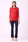 Scarlet Sage_Red 100% Polyester Textured Spread Collar Dari Fringe Shirt _Online_at_Aza_Fashions