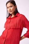 Buy_Scarlet Sage_Red 100% Polyester Textured Spread Collar Dari Fringe Shirt 