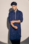 Buy_Kaaj Button x AZA_Blue Twill Cotton Embroidered Thread Kurta Set With Butti Dupatta _Online_at_Aza_Fashions