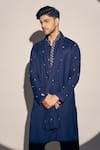 Kaaj Button x AZA_Blue Twill Cotton Embroidered Thread Kurta Set With Butti Dupatta _at_Aza_Fashions