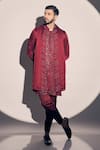 Buy_Kaaj Button x AZA_Maroon Satin Linen Embroidered Cutdana Placement Kurta Pant Set _at_Aza_Fashions