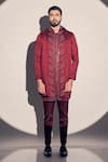 Kaaj Button x AZA_Maroon Satin Linen Embroidered Cutdana Placement Kurta Pant Set _Online_at_Aza_Fashions