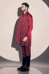 Buy_Kaaj Button x AZA_Maroon Satin Linen Embroidered Cutdana Placement Kurta Pant Set _Online_at_Aza_Fashions