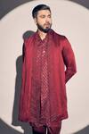 Shop_Kaaj Button x AZA_Maroon Satin Linen Embroidered Cutdana Placement Kurta Pant Set _Online_at_Aza_Fashions