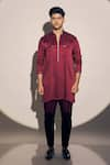 Buy_Kaaj Button x AZA_Maroon Satin Linen Embroidered Cutdana Straight Kurta With Pant _at_Aza_Fashions