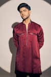 Kaaj Button x AZA_Maroon Satin Linen Embroidered Cutdana Straight Kurta With Pant _Online_at_Aza_Fashions