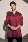 Buy_Kaaj Button x AZA_Maroon Satin Linen Embroidered Cutdana Straight Kurta With Pant _Online_at_Aza_Fashions