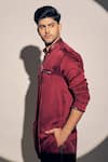 Shop_Kaaj Button x AZA_Maroon Satin Linen Embroidered Cutdana Straight Kurta With Pant _Online_at_Aza_Fashions