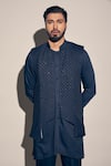 Buy_Kaaj Button x AZA_Blue Suiting Cotton Satin Embroidered Cutdana Panel Bundi Kurta Set _Online_at_Aza_Fashions