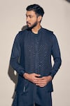 Shop_Kaaj Button x AZA_Blue Suiting Cotton Satin Embroidered Cutdana Panel Bundi Kurta Set _Online_at_Aza_Fashions