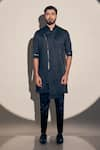 Kaaj Button x AZA_Black Satin Linen Embroidered Cutdana Asymmetric Kurta With Pant _Online_at_Aza_Fashions