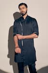 Shop_Kaaj Button x AZA_Black Satin Linen Embroidered Cutdana Asymmetric Kurta With Pant _Online_at_Aza_Fashions