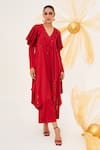 Buy_HOUSE OF FETT_Red Satin Lycra Hand Embroidered Sequins V Neck Rubyetta Tunic And Pant Set _at_Aza_Fashions