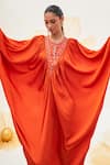 HOUSE OF FETT_Orange Rich Textured Satin Hand Embroidered Spice Pear Mosaic Yoke Kaftan _Online_at_Aza_Fashions