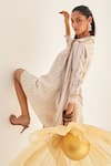 Buy_HOUSE OF FETT_Beige Cotton Viscose Blend Lapel Collar Moroccan Striped Dress With Jacket _Online_at_Aza_Fashions