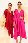 HOUSE OF FETT_Pink Satin Lycra Blend V Neck Rose Floral Work Kaftan _Online_at_Aza_Fashions