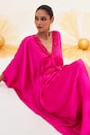 HOUSE OF FETT_Pink Satin Lycra Blend V Neck Rose Floral Work Kaftan _at_Aza_Fashions