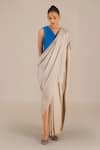 Buy_AMPM_Beige Silk Twill Solid V Neck Pre-draped Saree Gown _at_Aza_Fashions