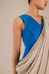 AMPM_Beige Silk Twill Solid V Neck Pre-draped Saree Gown _Online_at_Aza_Fashions