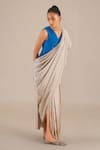 Buy_AMPM_Beige Silk Twill Solid V Neck Pre-draped Saree Gown _Online_at_Aza_Fashions