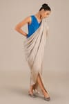 AMPM_Beige Silk Twill Solid V Neck Pre-draped Saree Gown _at_Aza_Fashions