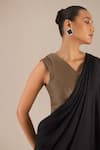 Shop_AMPM_Brown Silk Twill Solid V Neck Draped Saree Gown _Online_at_Aza_Fashions