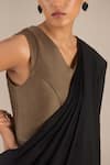AMPM_Brown Silk Twill Solid V Neck Draped Saree Gown _at_Aza_Fashions