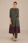 AMPM_Green Rose Silk Plain Round Neck Jacket Kurta Pant Set _Online_at_Aza_Fashions