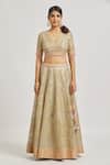 Vandana Sethi_Gray Organza Embroidery Gota Patti V Neck Paisley Lehenga Set _Online_at_Aza_Fashions