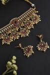 Swabhimann_Multi Color Pearls, Zari Kundan Jadau Floral Half Moon Choker Set _Online_at_Aza_Fashions
