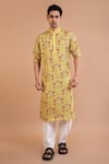 Buy_Priyanka Haralalka_Yellow Linen Satin Printed Peacock Kurta With Pyjama _at_Aza_Fashions