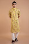 Buy_Priyanka Haralalka_Yellow Linen Satin Printed Peacock Kurta With Pyjama _Online_at_Aza_Fashions