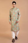 Buy_Priyanka Haralalka_Green Linen Satin Printed Peacock Mor Kurta With Pyjama _at_Aza_Fashions