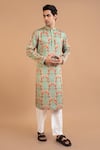 Priyanka Haralalka_Green Linen Satin Printed Peacock Mor Kurta With Pyjama _Online_at_Aza_Fashions