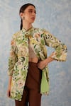 Shop_FUGA_Green Soft Cotton Print Floral Stand Botanical Blazer With Bell Bottom Pant _at_Aza_Fashions